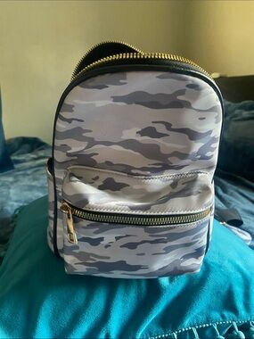 Gray Camo Mini Backpack with Gold Hardware